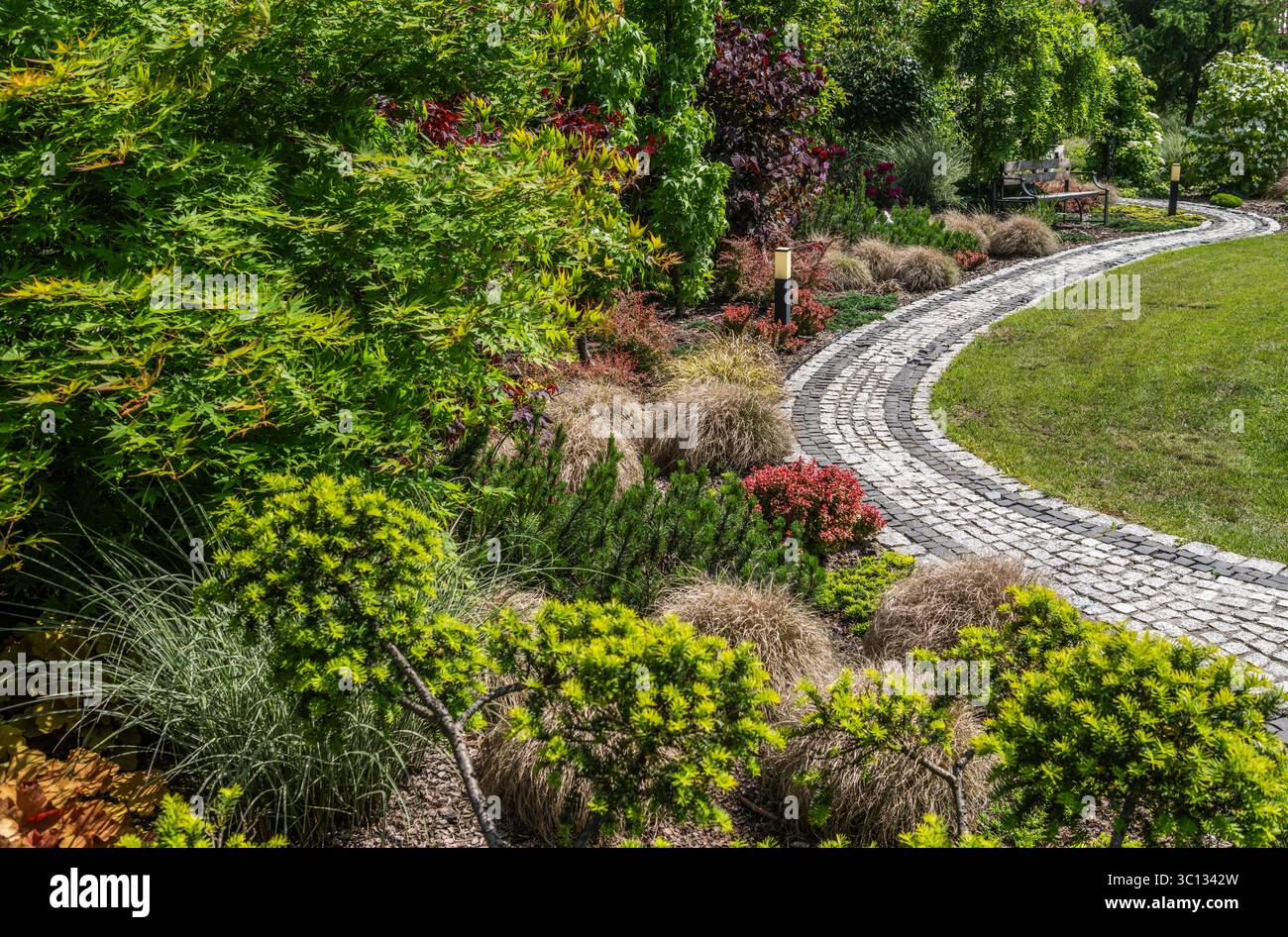 Le jardin animé dispose d'un chemin de pierre sinueux, d'une végétation luxuriante, d'arbustes colorés et d'herbes ornementales pendant une journée de printemps ensoleillée, mettant en valeur la nature Banque D'Images