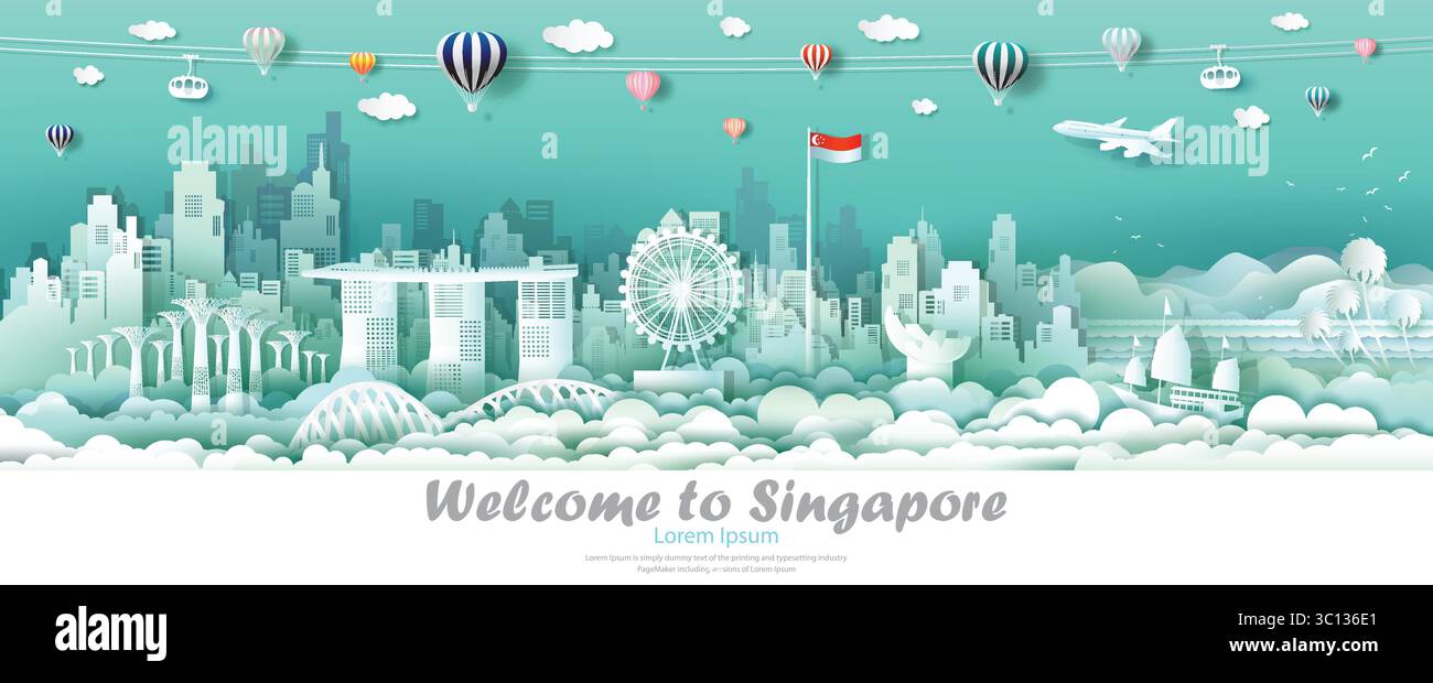 Vector illustration Tour du centre-ville de singapour avec le drapeau de singapour, Travel skyline singapore architecture culture à la marina Bay sable et bâtiment moderne. Illustration de Vecteur