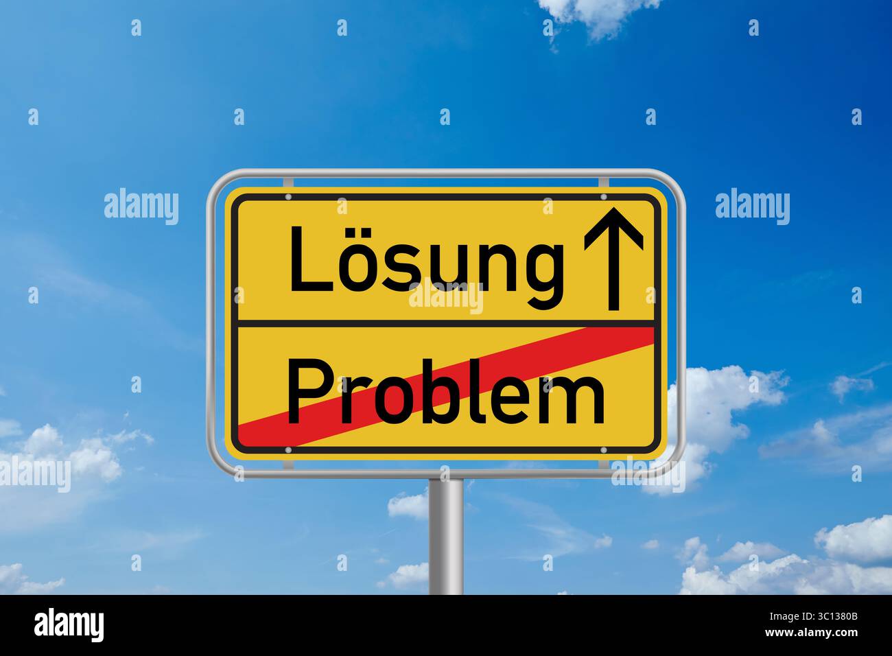Un signe symbolique de nom de lieu montre la transition de Problem (allemand pour : Problem) à Lösung (allemand pour : solution). Le problème barré représente Banque D'Images