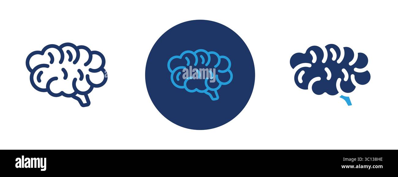 Trois images cérébrales différentes sont affichées dans une rangée. La première image est un cerveau simple et cartoonish avec un contour bleu. La deuxième image est plus detaile Illustration de Vecteur