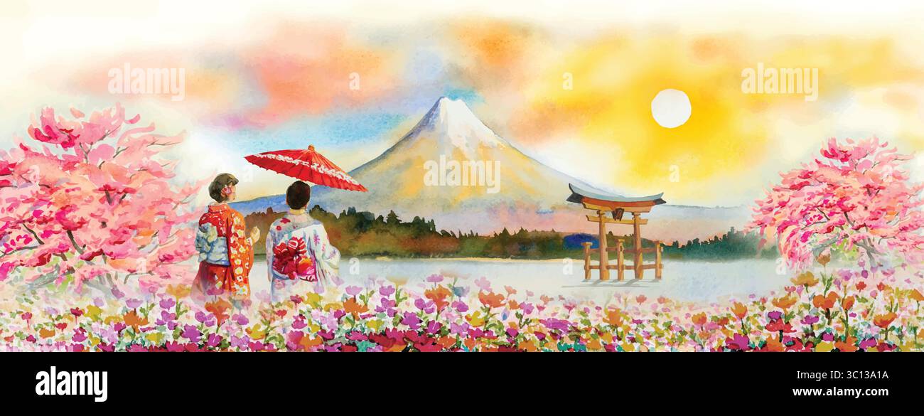 Voyage Mont Fuji du Japon - monuments célèbres de l'Asie. Femme portant un kimono traditionnel japonais avec parapluie. Illustration de peinture à l'aquarelle en s. Illustration de Vecteur