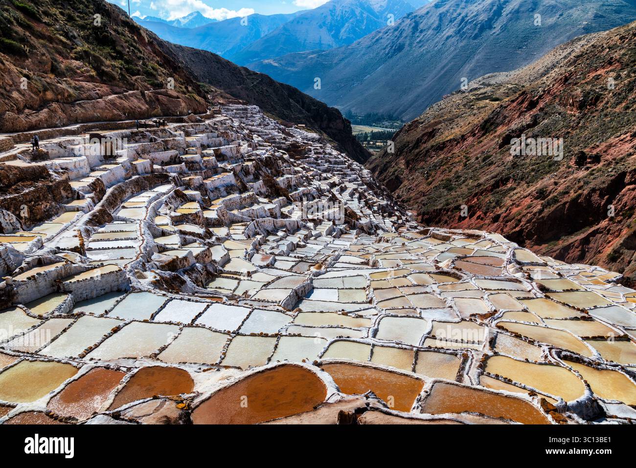 Vue aérienne des terrasses en cascade des mines de sel de Maras scintillent avec des teintes terreuses contre le paysage andin accidenté, Urubamba, Cusco, Pérou. Banque D'Images