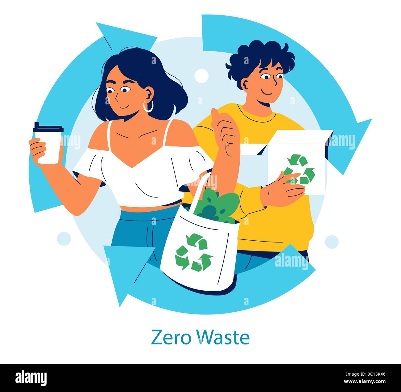 Illustration vectorielle de deux personnes souriantes pratiquant la vie zéro déchet. Ils portent des sacs réutilisables avec des symboles de recyclage et utilisent une tasse à café réutilisable, favorisant des habitudes durables. Illustration de Vecteur
