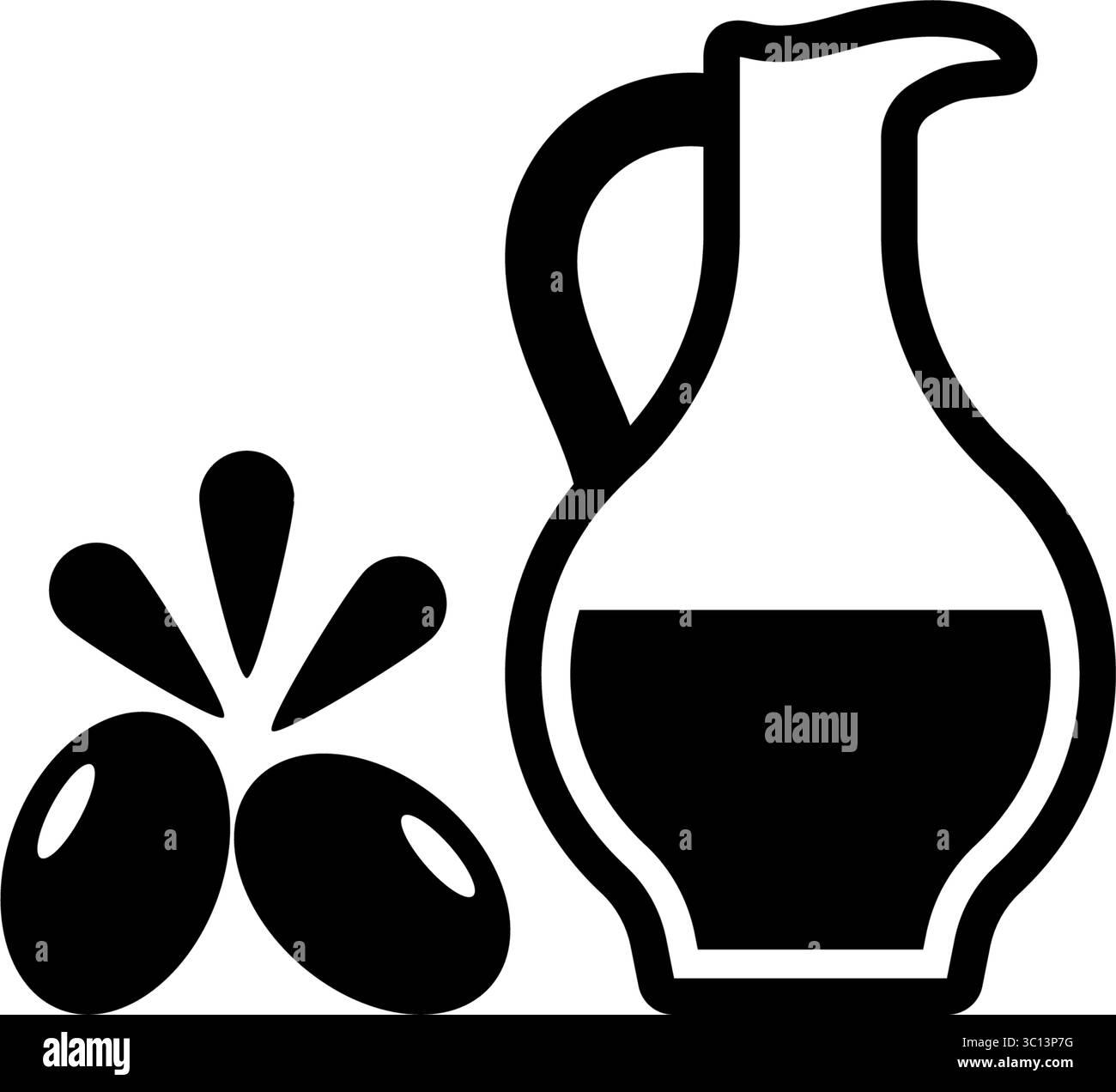 Icônes noires simples d'une cruche à huile d'olive et des olives. Design minimaliste pour les concepts de cuisine Illustration de Vecteur