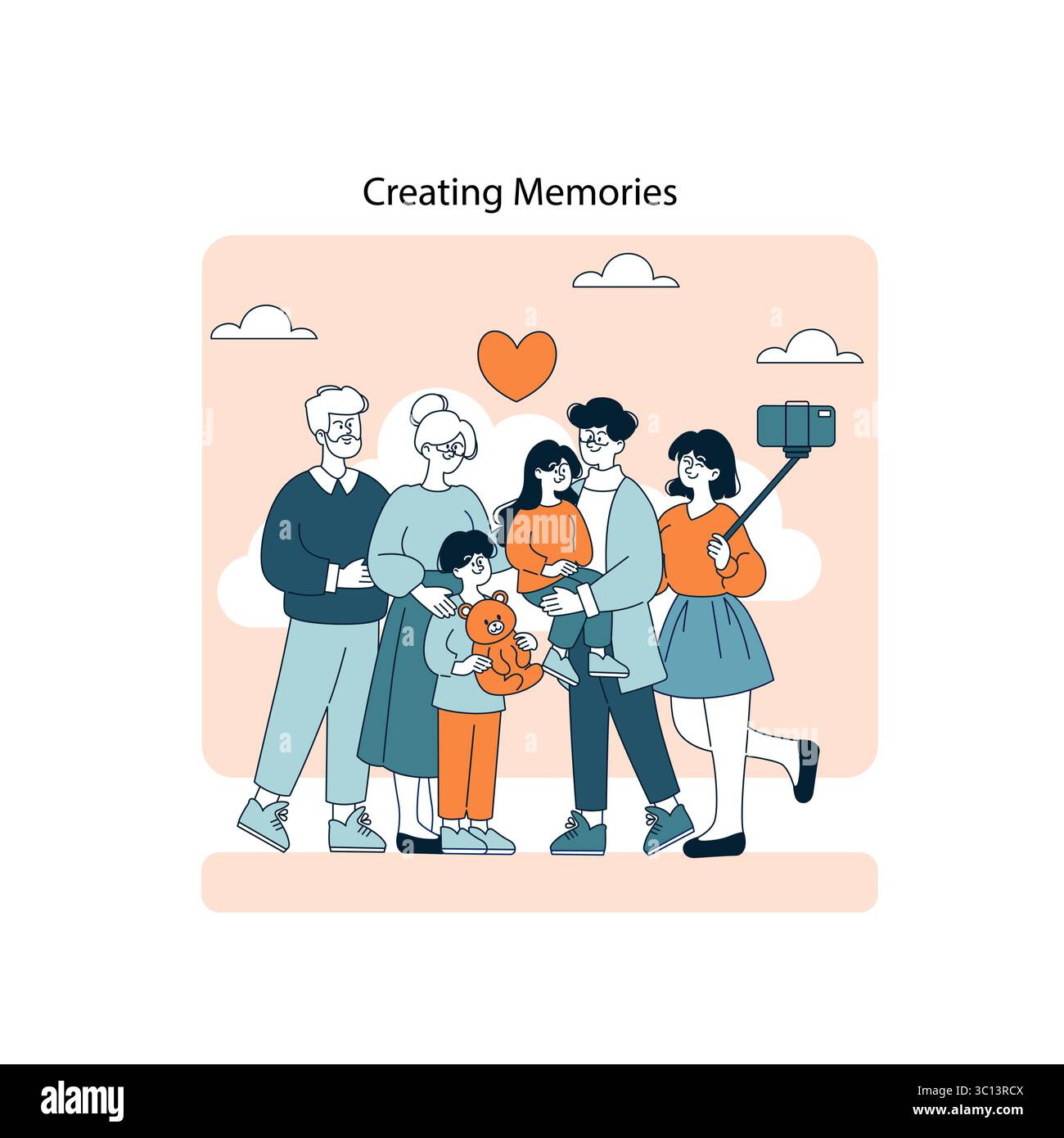 Illustration vectorielle de liaison familiale mettant en vedette trois générations prenant un selfie ensemble, symbolisant l'amour et la convivialité. Illustration de Vecteur