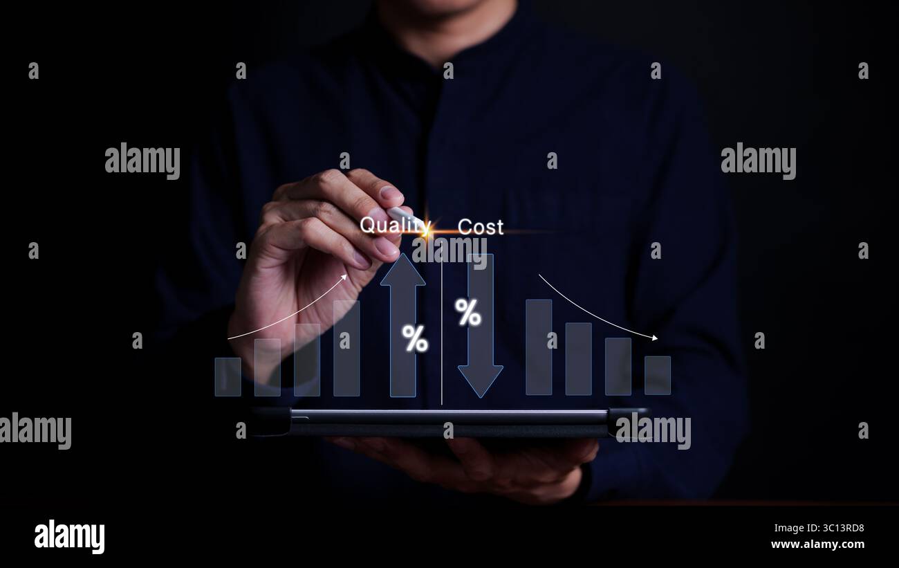 Optimisation de la qualité et des coûts pour les produits ou services afin d'améliorer la satisfaction des clients et la performance de l'entreprise. Stratégie d'entreprise réussie Banque D'Images