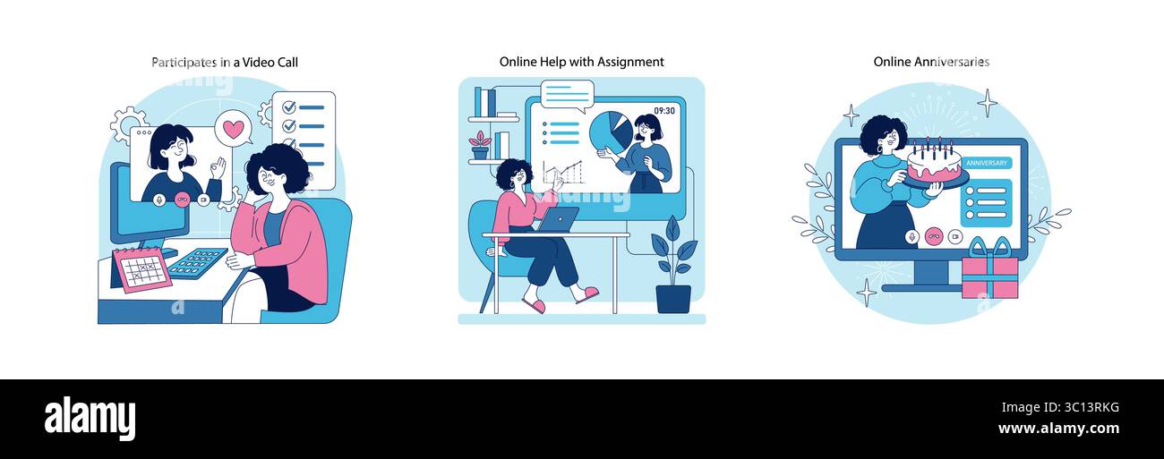 Illustration vectorielle représentant trois scènes : une personne dans un appel vidéo avec des expressions enthousiastes, une autre recevant de l'aide en ligne pour une mission, et une joyeuse célébration d'anniversaire en ligne. Illustration de Vecteur