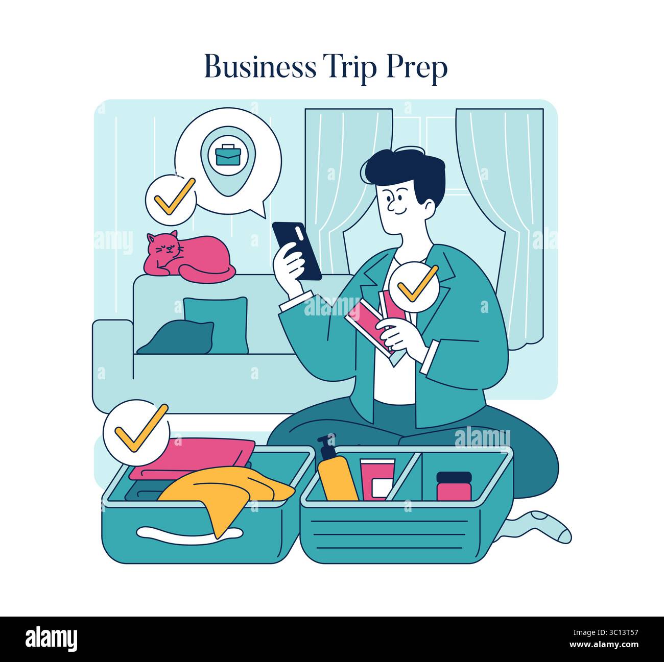 Les personnes qui se préparent à un voyage d'affaires examinent leur liste de colisage tout en vérifiant leur téléphone. La scène met l'accent sur l'organisation et la préparation avec les bagages et les articles essentiels disposés. Illustration vectorielle. Illustration de Vecteur