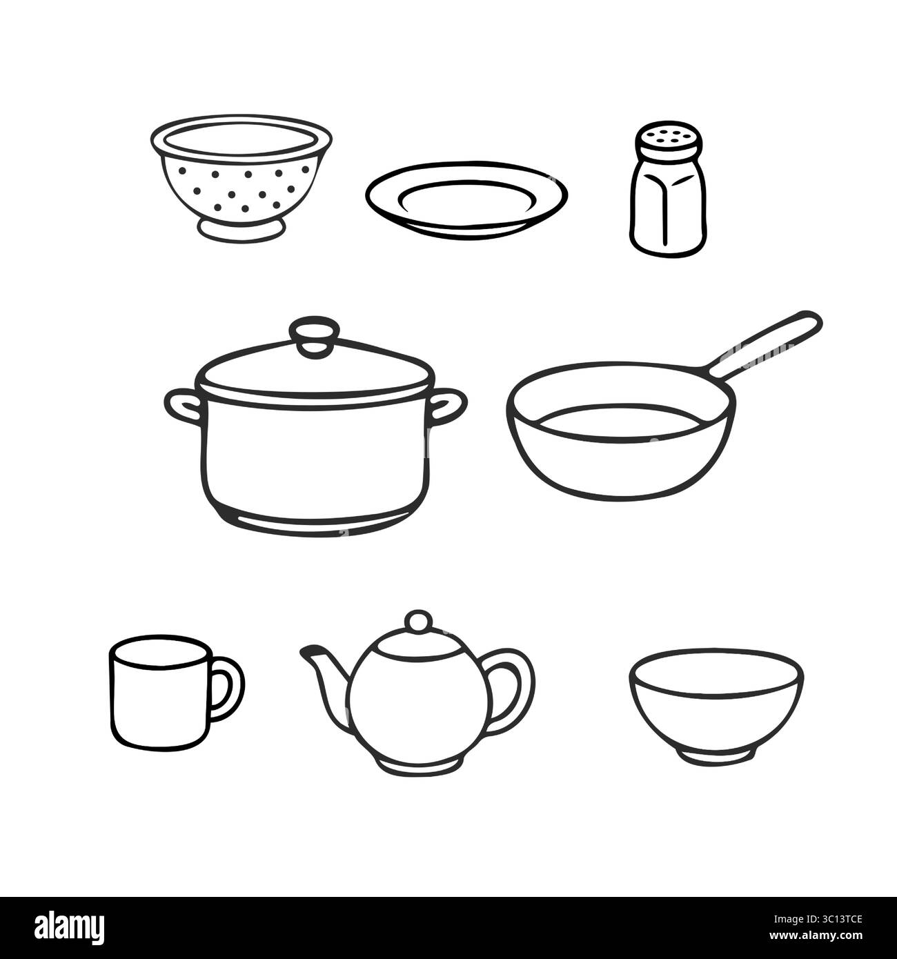 Ustensiles de cuisine ensemble noir et blanc ligne art style FlatOutline Illustration de Vecteur