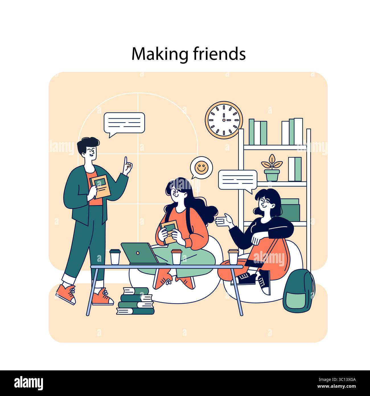 Développement de l'amitié dans un environnement détendu, mettant en vedette trois personnes engagées dans la conversation et les activités. Des éléments d'étude et d'interaction sociale favorisent un sentiment de communauté et de connexion. Illustration vectorielle. Illustration de Vecteur