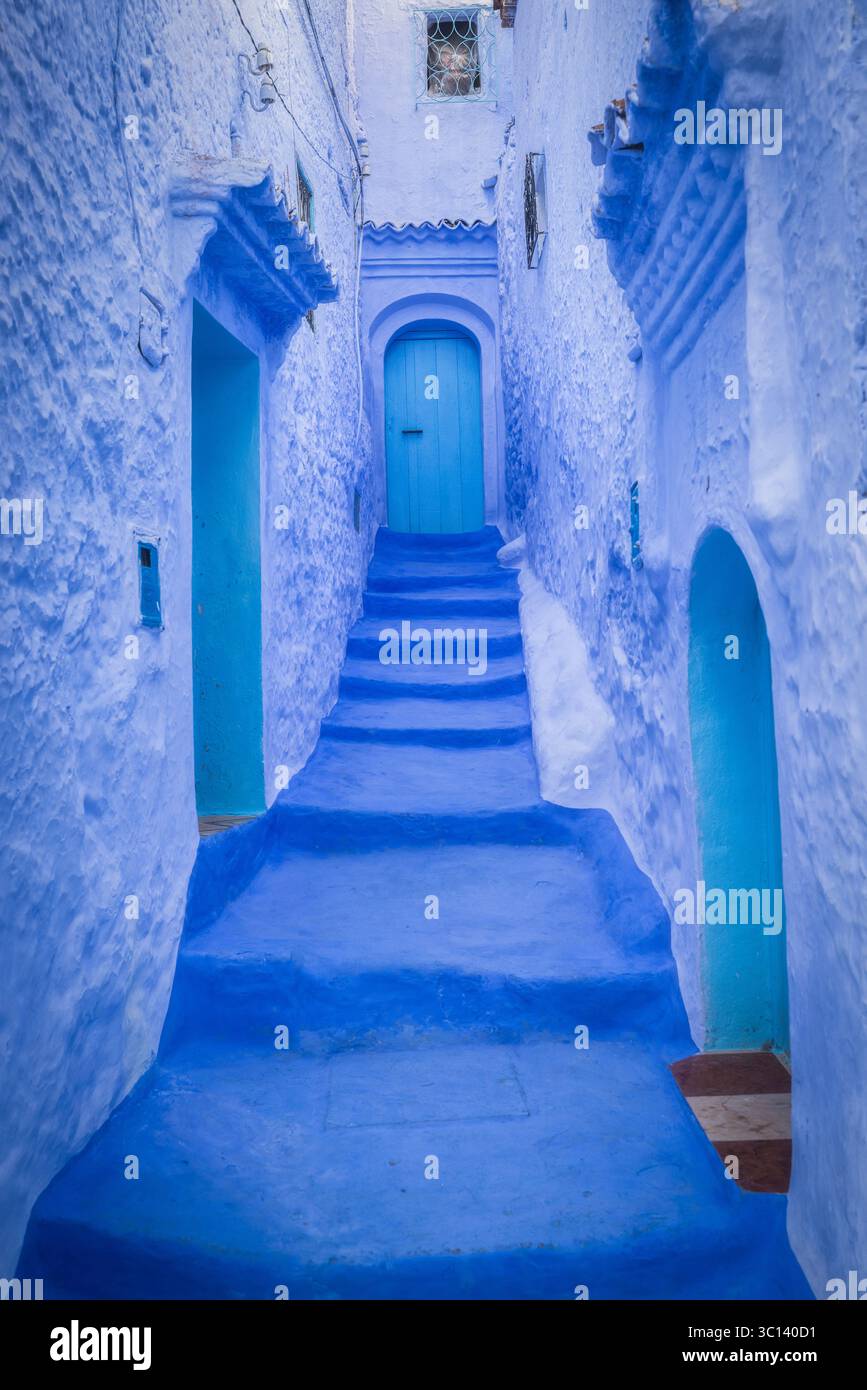 Vue sur une ruelle bleu vif monte en marches, flanquée de murs et de portes assortis, créant une scène immersive monochrome, Chefchaouen, Tanger-Tétouan-Al Hoceima, Maroc. Banque D'Images
