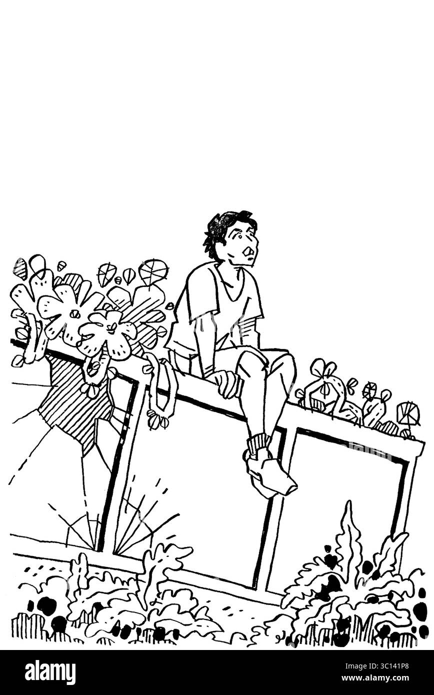 Mur urbain abandonné avec Ferns et un garçon dans la solitude réfléchie Banque D'Images