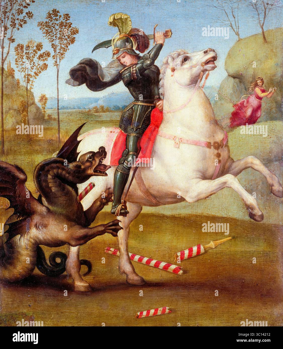Raffaello Sanzio da Urbino appelé Raphaël, Saint Georges et le Dragon, peinture à l'huile sur panneau, 1503-1505 Banque D'Images