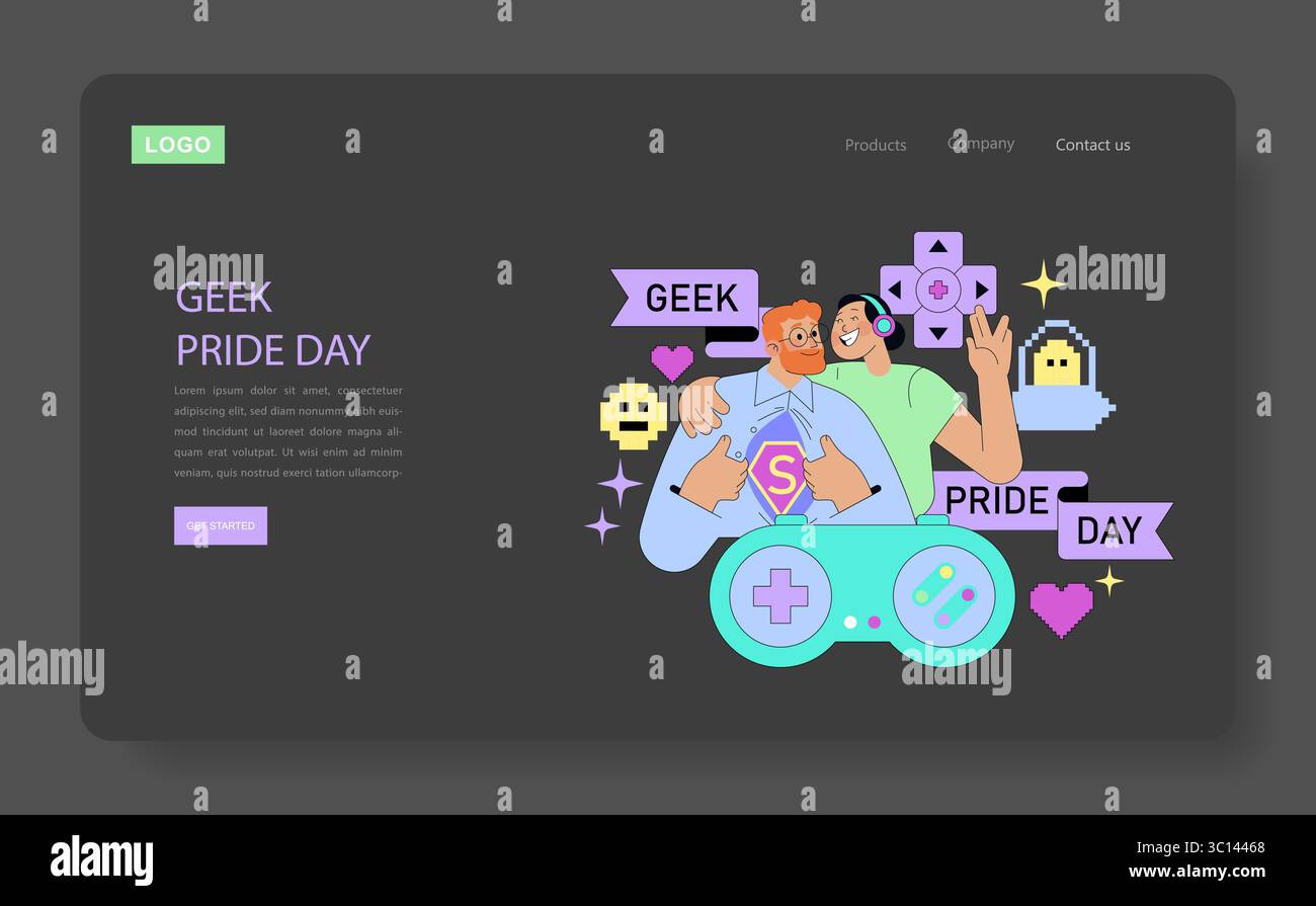 Illustration vectorielle de deux personnes joyeuses célébrant Geek Pride Day. Entourés d'icônes du jeu, ils expriment joie et enthousiasme, soulignant l'esprit ludique de l'événement. Illustration de Vecteur