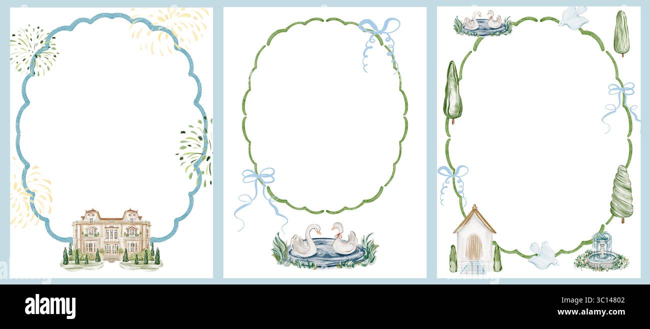Ensemble de modèles d'aquarelle dessinés à la main pour les invitations et les annonces de mariage. Comprend des cadres vierges avec villa, cygnes, feux d'artifice et landsca mou Banque D'Images