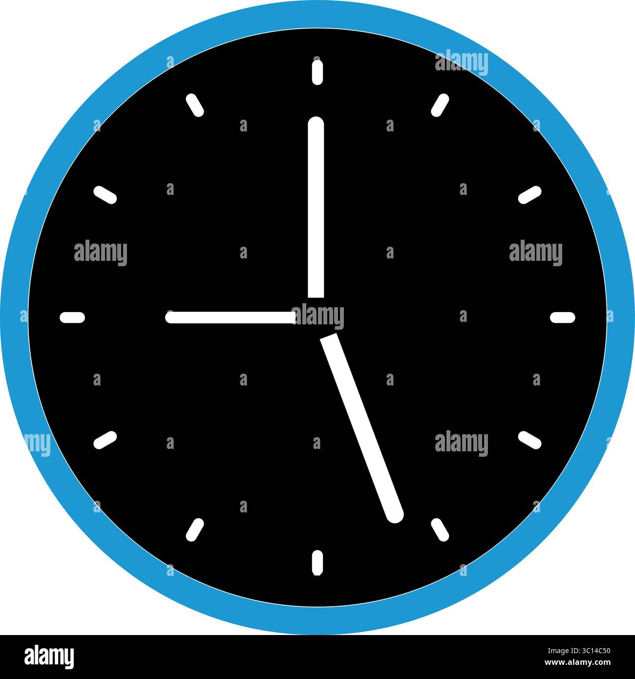 Une icône d'horloge simple et moderne avec un visage noir, des marqueurs blancs et une bordure bleue, représentant des aiguilles à 09 :00. Idéal pour les conceptions liées au temps Illustration de Vecteur