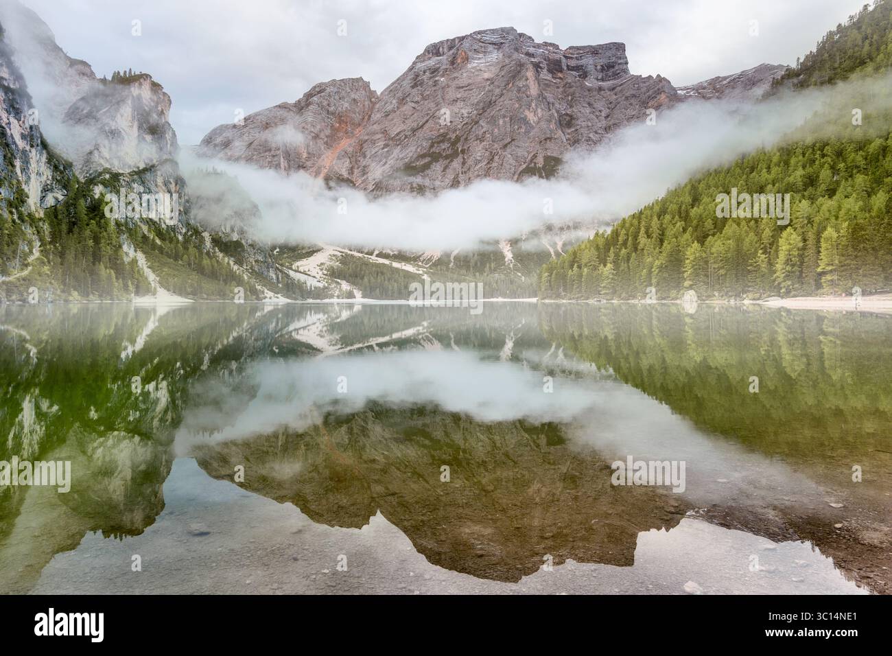 Vue sur le lac tranquille reflétant les montagnes escarpées entourées de brume éthérée, où les arbres verdoyants rencontrent les imposants sommets, Lago di Braies, Trentin-Haut-Adige, Italie. Banque D'Images
