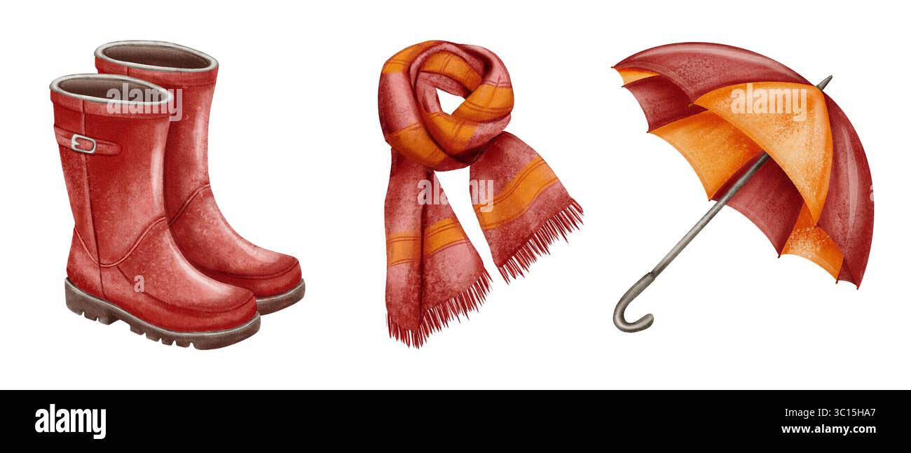 Ensemble d'illustration d'automne de bottes, écharpe, parapluie. Peint à la main dans un style aquarelle doux, parfait pour les conceptions saisonnières, les thèmes de vêtements, le temps agréable Banque D'Images