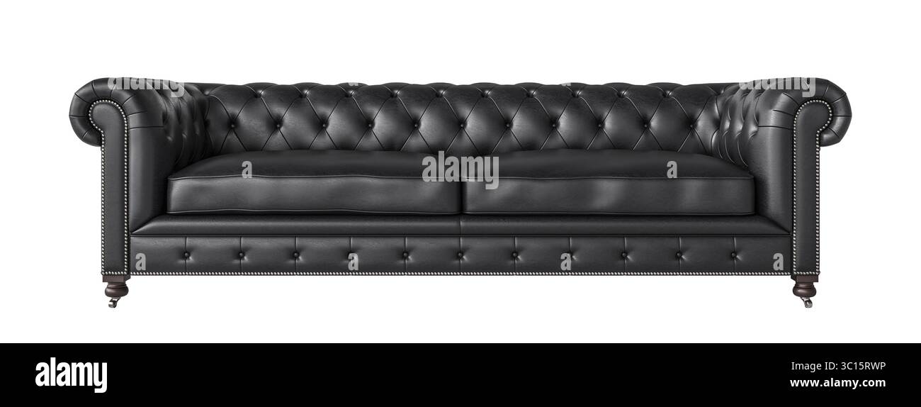 canapé 3d chesterfield avec fond transparent en cuir noir Banque D'Images