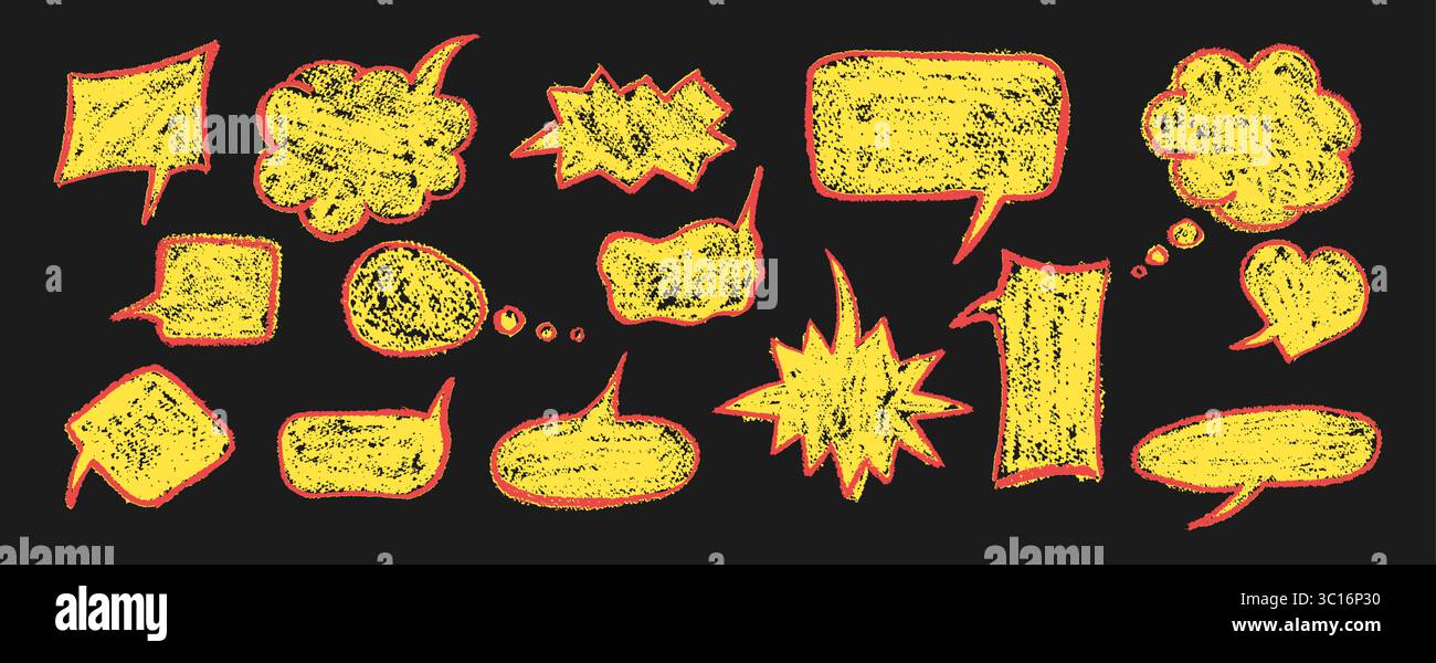 Ensemble de paroles excentriques et de bulles de pensée en cire jaune avec un contour rouge sur fond de tableau noir. Texture anthracite et style squiggle idéal pour Illustration de Vecteur