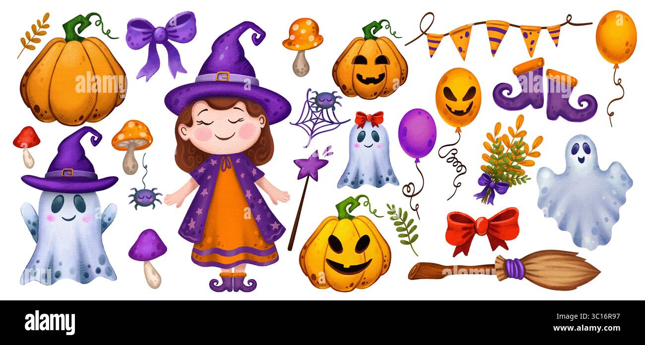 Collection Magic. Ensemble d'illustrations magiques d'Halloween. Balai et chapeau de sorcière, sorcière, araignée, citrouilles, ballons. Éléments pour la conception d'Halloween Banque D'Images