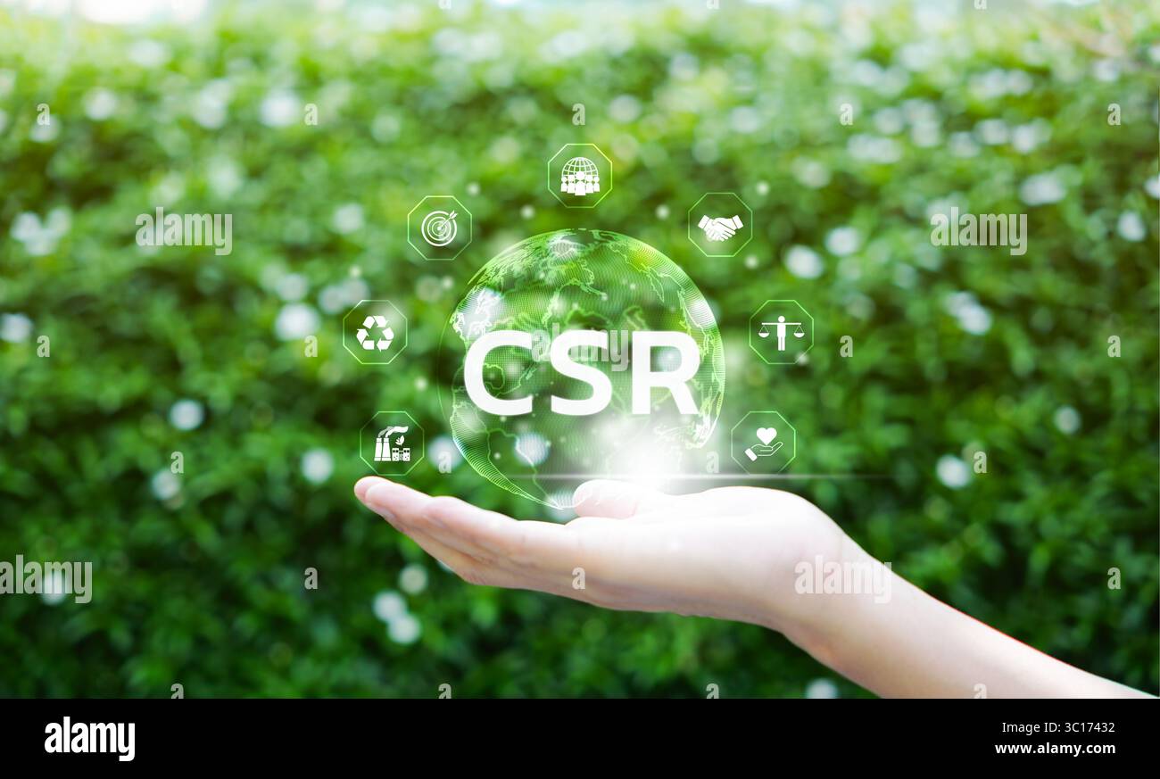 RSE, concept de responsabilité sociale des entreprises. Icônes RSE pour les entreprises et les organisations en main. La société est responsable de la politique sociale. CSR Banque D'Images