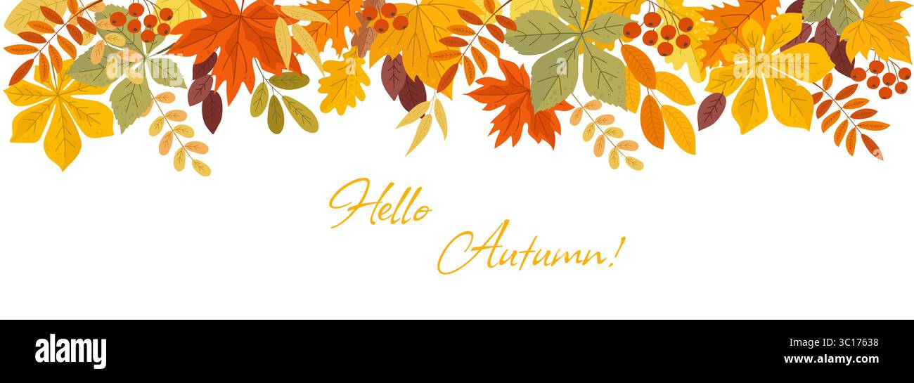 Bannière saisonnière d'automne avec des feuilles colorées isolées sur fond blanc Illustration de Vecteur