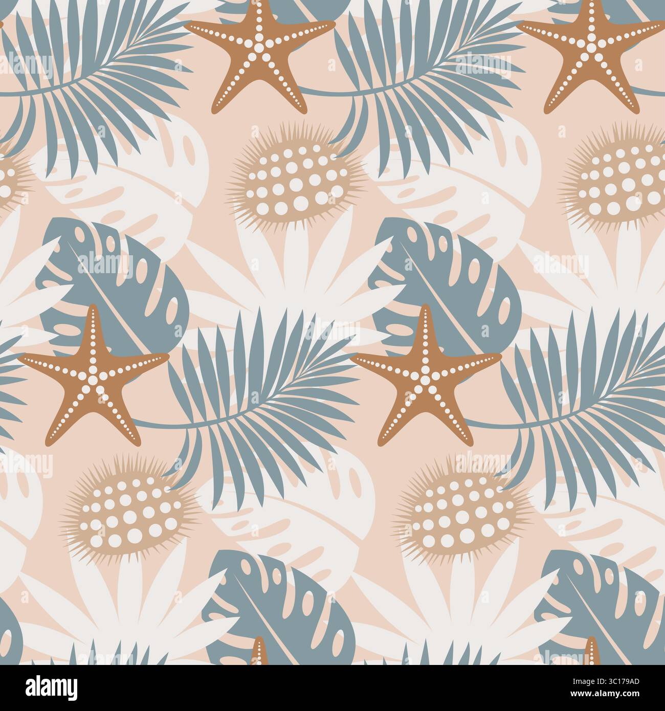 Fond de modèle tropical sans couture, feuilles exotiques, feuille de monstera et de palmier, étoiles de mer d'animaux marins et oursin. Illustration vectorielle Illustration de Vecteur