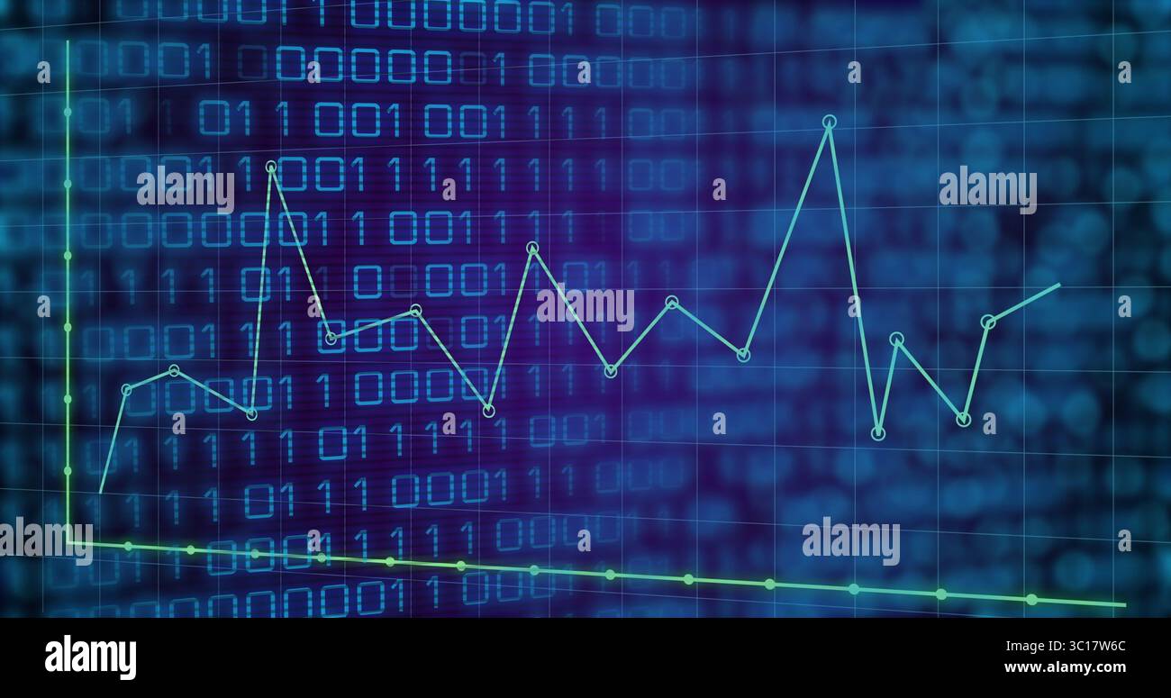 Affichage d'un graphique linéaire vert clair traçant les tendances de données sur la grille d'affichage de l'ordinateur et la toile de fond binaire Banque D'Images