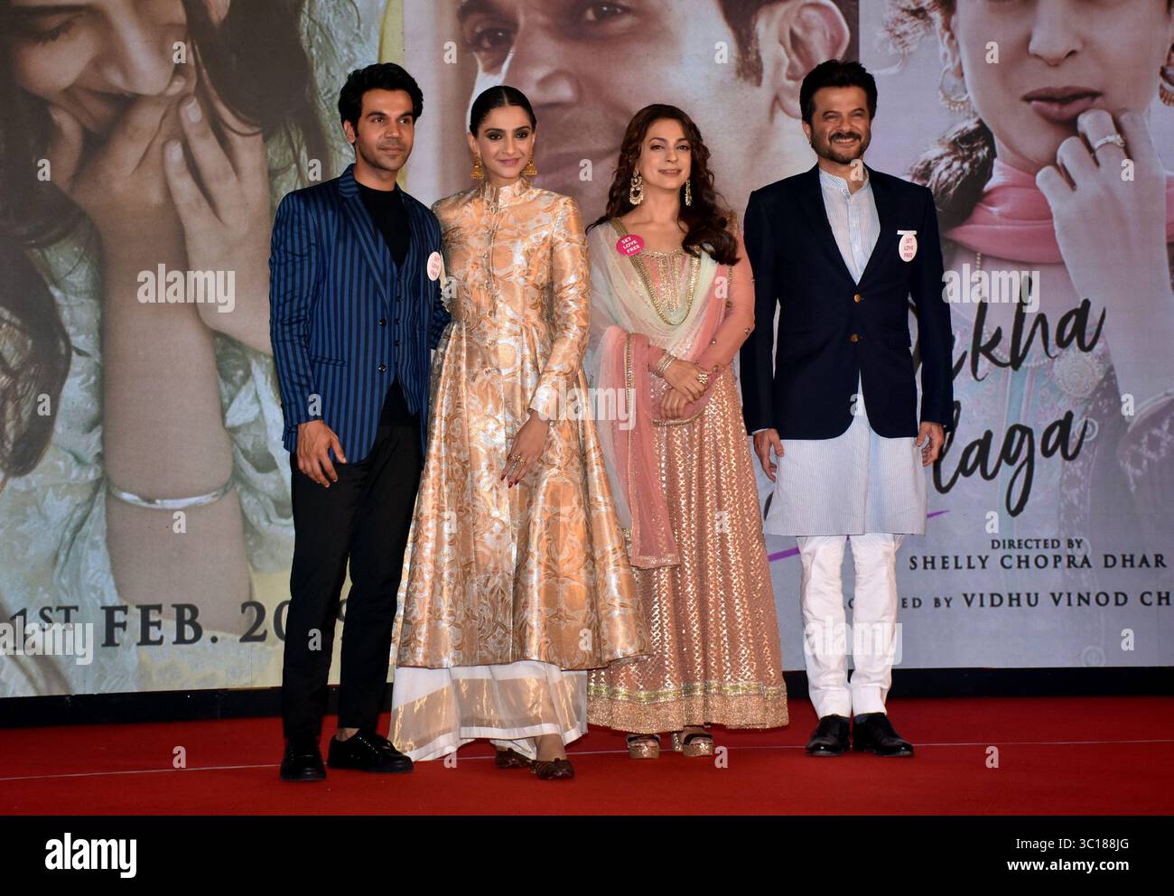 28 janvier 2019 - Mumbai, Inde - (de gauche à droite) L'acteur Rajkumar Rao, Sonam Kapoor, Juhi Chawla et Anil Kapoor sont vus lors du lancement de la bande-annonce de leur prochain film hindi 'Ek Ladki Ko Dekha Toh Aisa Laga' à l'hôtel JW Marriott, juhu à Mumbai. (Crédit image : © Azhar Khan/SOPA images via ZUMA Wire) Banque D'Images
