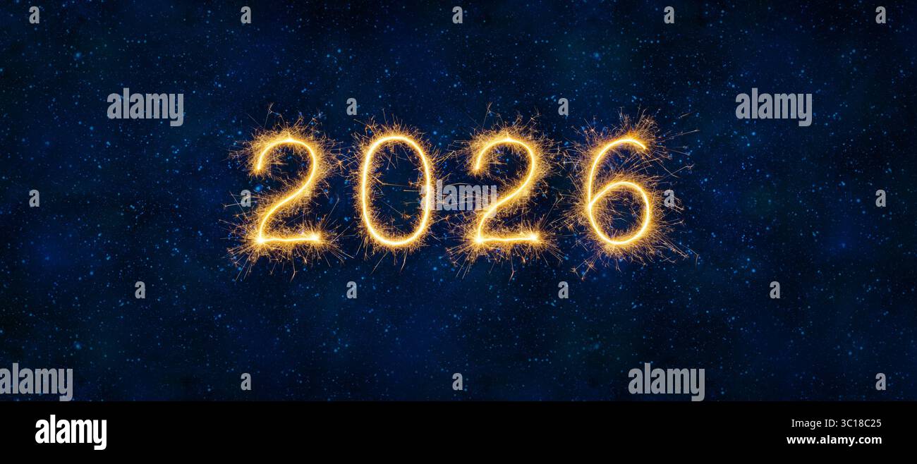 Bonne année 2026 feux d'artifice sur Night Sky Universe dans Blue Banner Banque D'Images