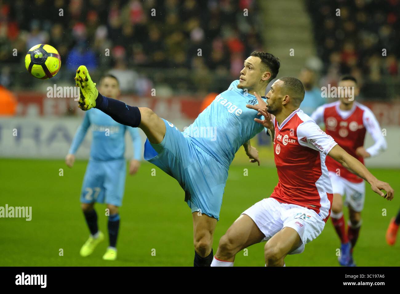 3 février 2019 - Reims, Marne, France - le milieu de terrain marseillais LUCAS OCAMPOS en action lors du championnat de France de football, Ligue 1 Conforama, stade de Reims contre l'Olympique de Marseille au stade Auguste Delaune de Reims - France..Reims a gagné 2-1 (crédit image : © Pierre Stevenin/ZUMA Wire) Banque D'Images