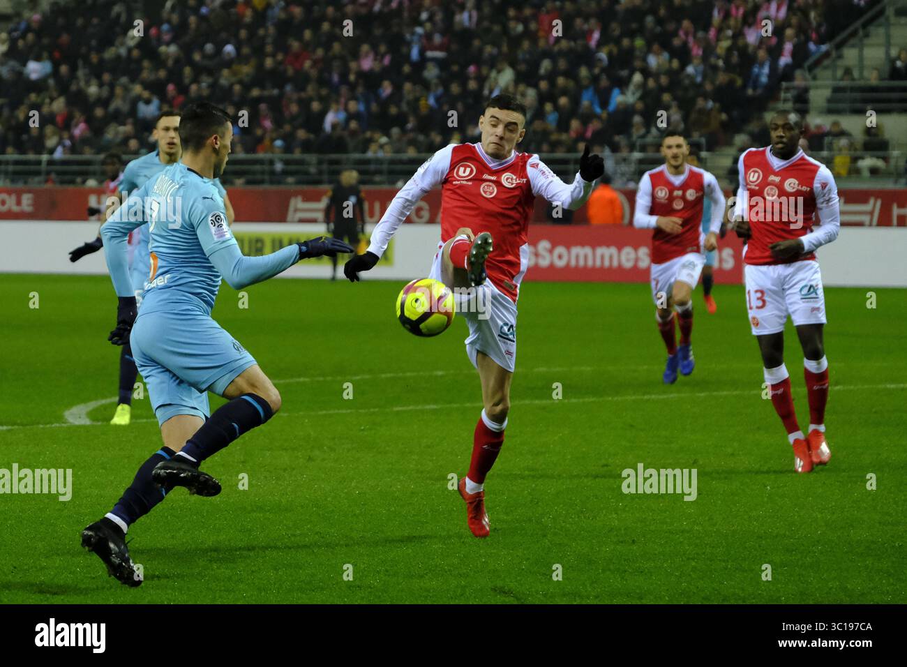 3 février 2019 - Reims, Marne, France - le défenseur de Reims THOMAS FOKET en action lors du championnat de France de football, Ligue 1 Conforama, stade de Reims contre l'Olympique de Marseille au stade Auguste Delaune de Reims - France..Reims a gagné 2-1 (crédit image : © Pierre Stevenin/ZUMA Wire) Banque D'Images