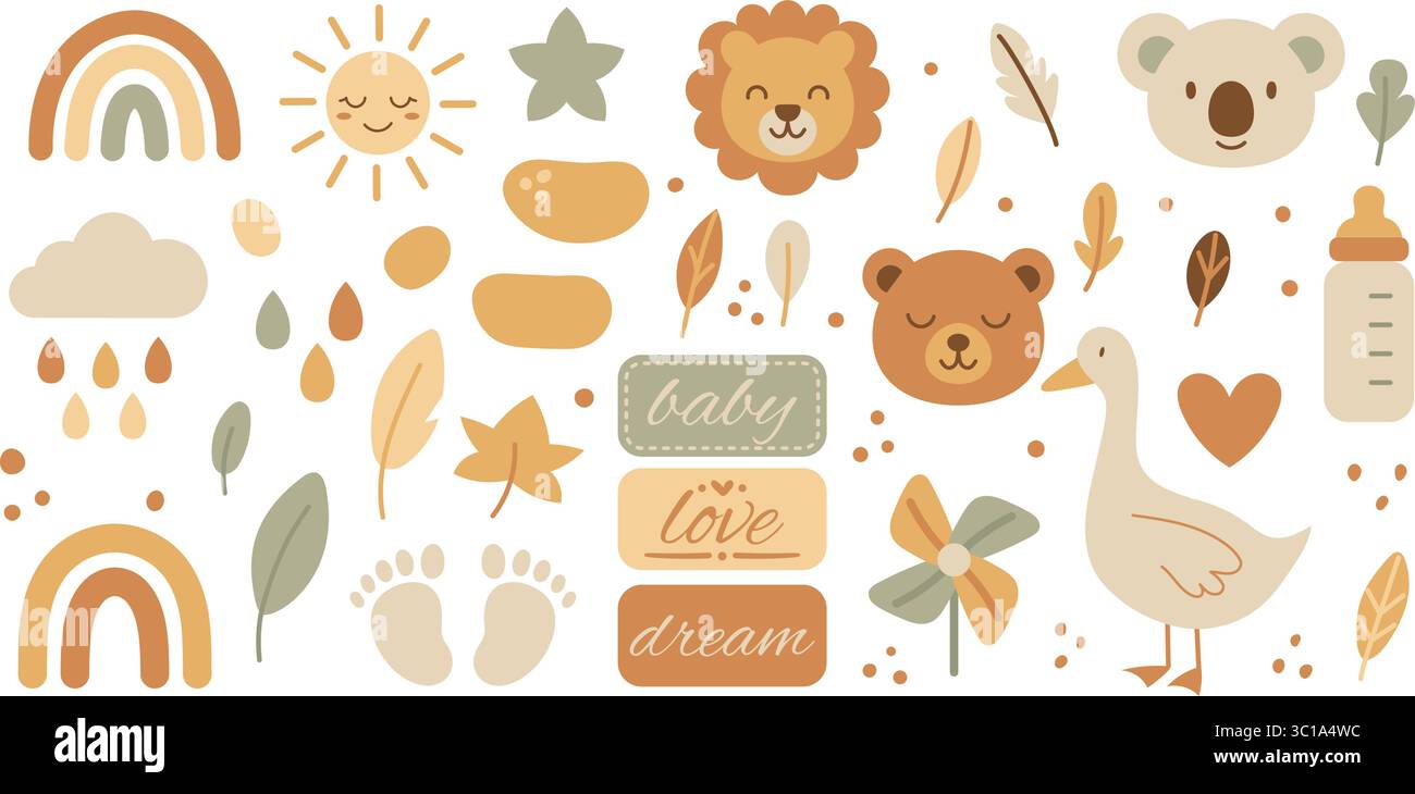 Adorables animaux de bébé boho et articles de pépinière comme lion, arc-en-ciel, bouteille et lettrage dans des tons de terre doux. Illustration de Vecteur