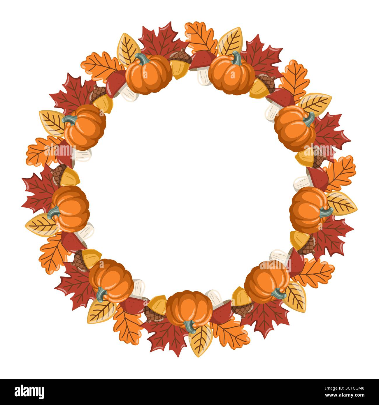 Cadre d'automne de dessin animé avec des feuilles d'automne, des champignons, des glands et des citrouilles. Illustration isolée vectorielle sur fond blanc Illustration de Vecteur