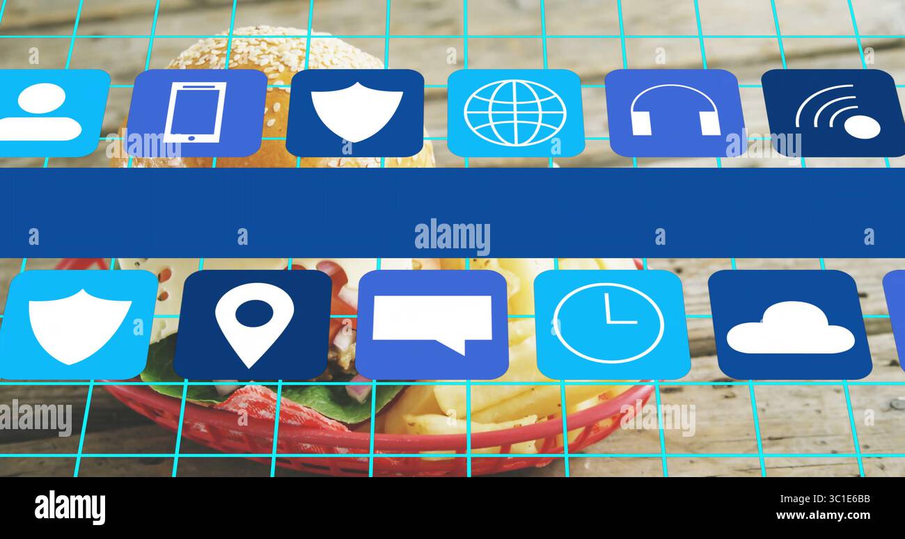 Affichage du panier de fil rouge contenant hamburger et frites sur le dessus de table en bois avec la grille cyan, icônes bleues Banque D'Images