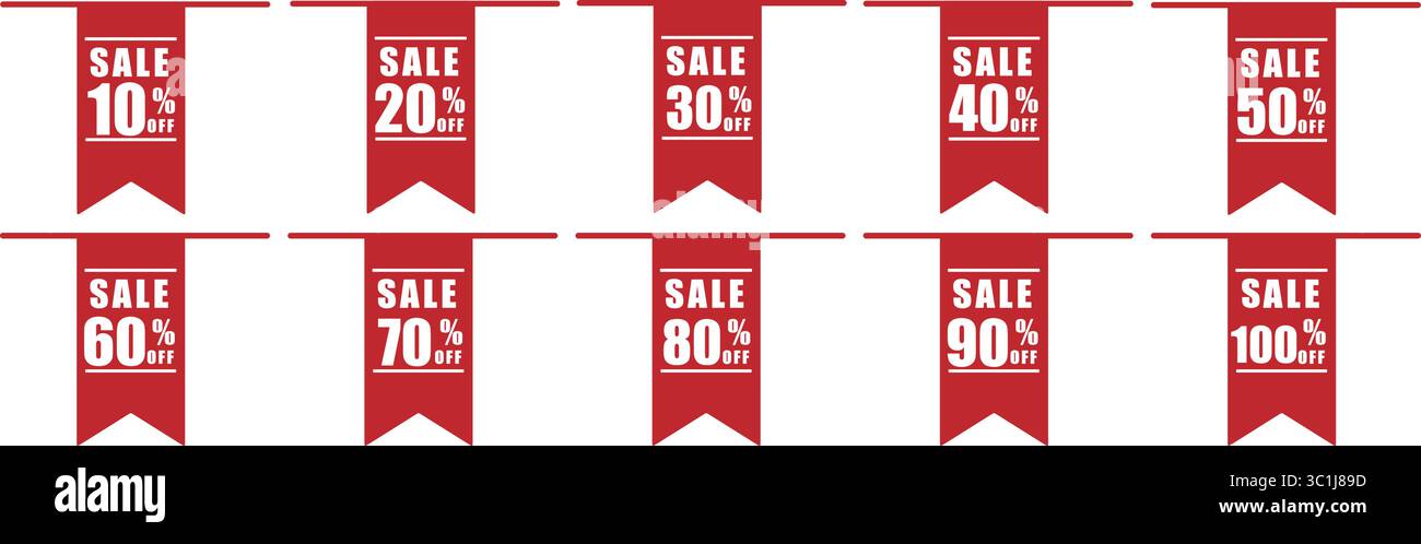 Ensemble d'étiquettes de vente de vecteur rubans rouges avec des réductions en pourcentage Illustration de Vecteur