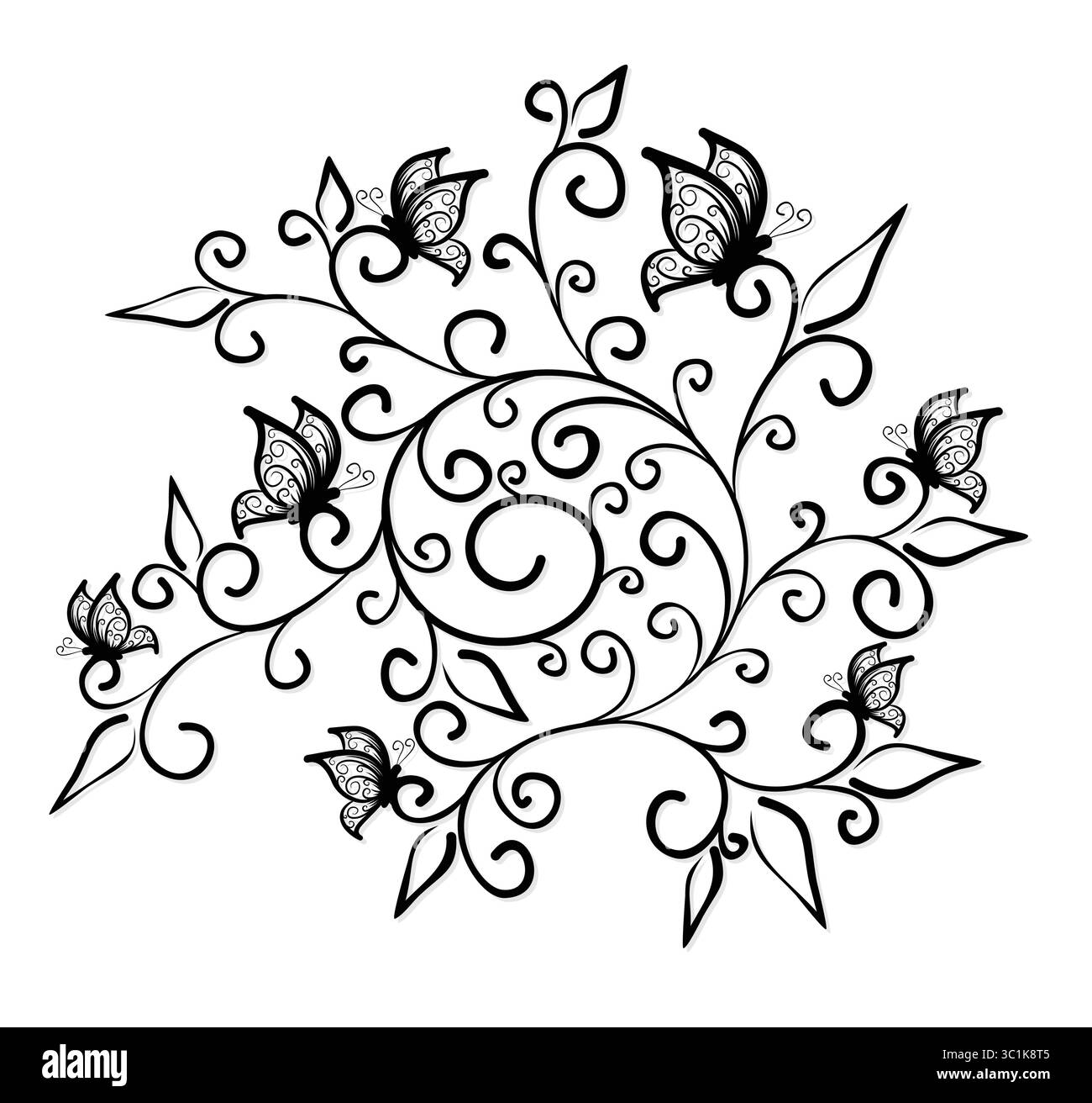 Motif floral stylisé avec des papillons. Illustration de Vecteur