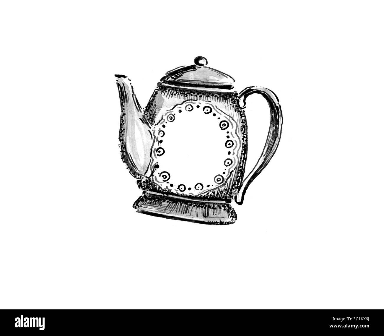 Illustration de théière. Isolé sur fond blanc. À l'intérieur se trouve un trou ovale, espace de copie. Motif de lignes ondulées et de points. Illustration stylisée, lignes Banque D'Images