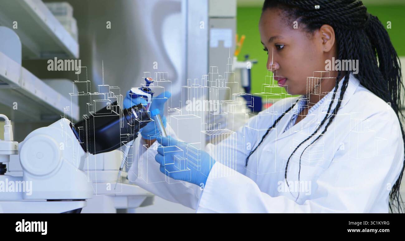 Scientifique transférant l'échantillon dans un tube avec micropipette sur paillasse de laboratoire, avec superposition, espace de copie Banque D'Images