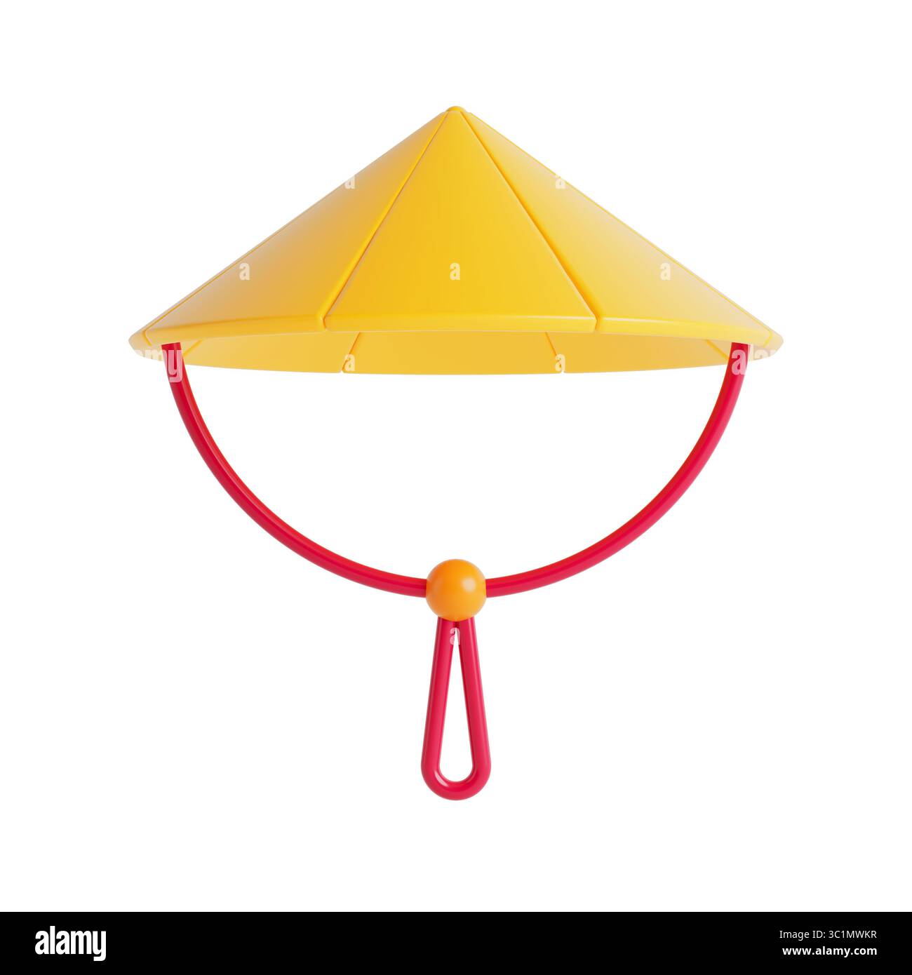 Identité culturelle et concept de tradition. Icône de chapeau Vietnam conique jaune avec sangle rouge isolé sur fond blanc. Rendu 3D. Banque D'Images Identité culturelle et concept de tradition. Icône de chapeau Vietnam conique jaune avec sangle rouge isolé sur fond blanc. Rendu 3D. Banque D'Images