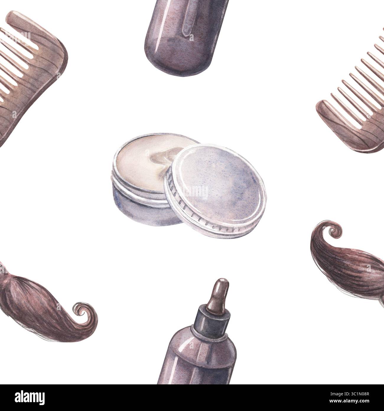 Boîte de cire en métal à bouchon vissé, bouteille d'huile et moustaches, motif rétro sans couture. Illustration aquarelle peinte à la main isolée sur blanc pour l'impression Banque D'Images