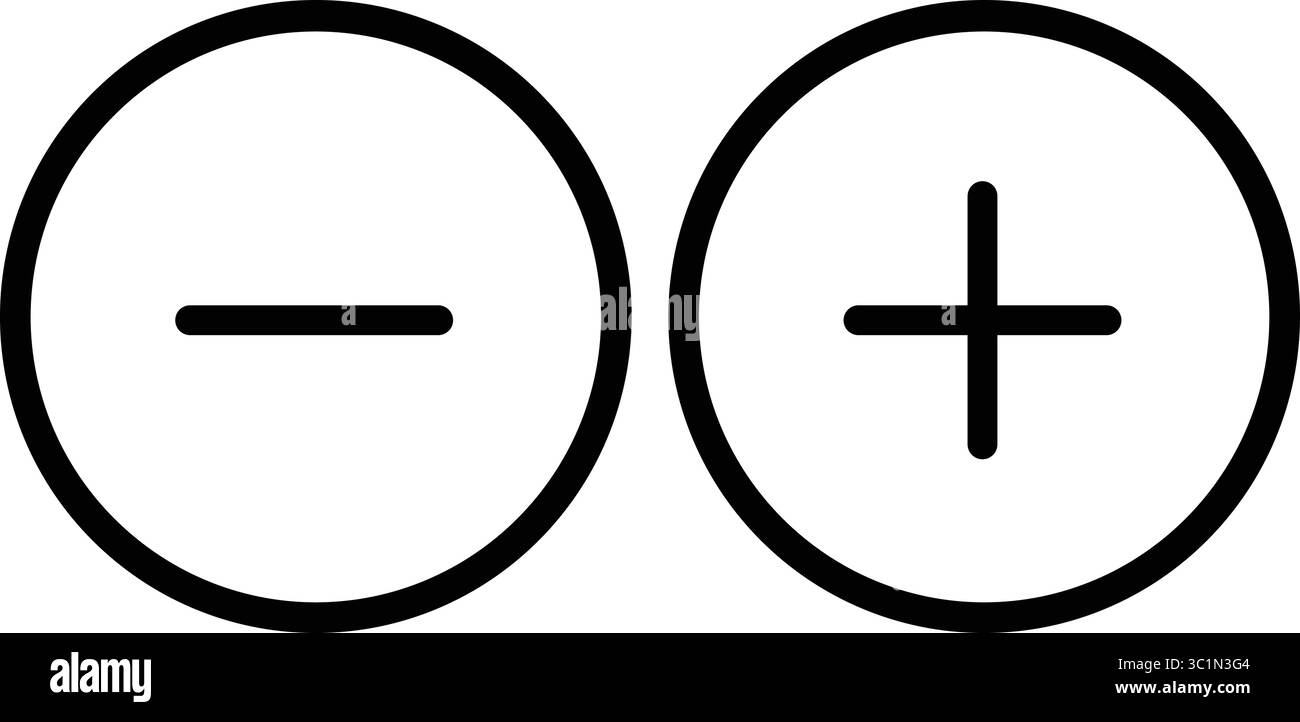 Plus moins Ajouter soustraire cercle rond ligne contour bouton mathématique Zoom avant positif négatif Set icône signe symbole Noir Blanc illustration graphique Illustration de Vecteur