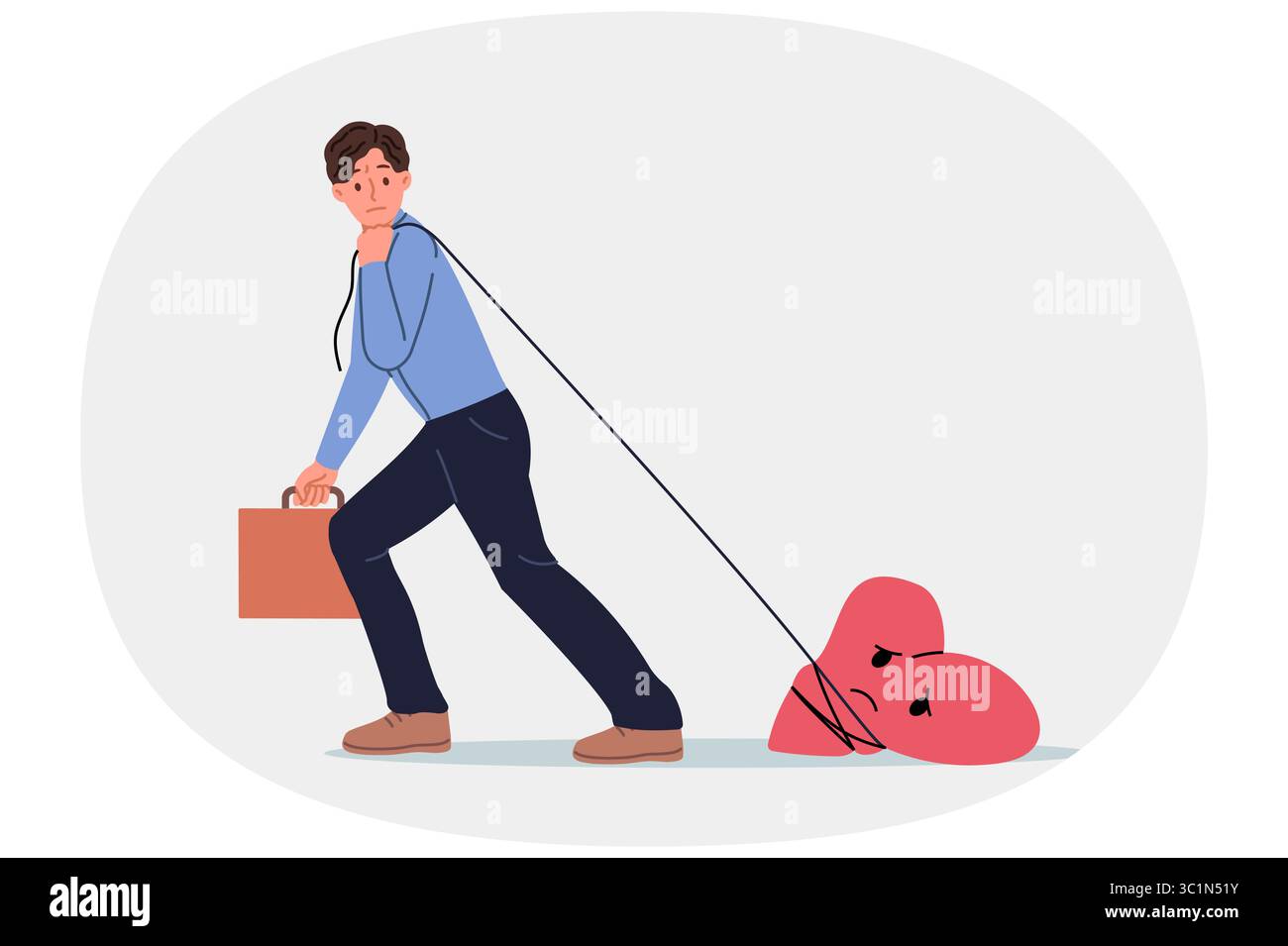 Homme d'affaires va travailler avec la douleur dans le coeur attaché à la corde, la souffrance due à un problème dans la vie personnelle Illustration de Vecteur