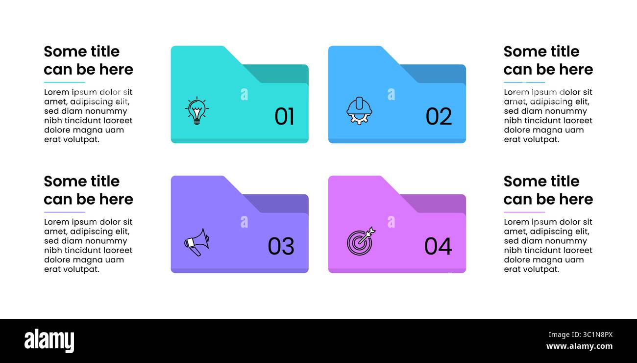 Modèle d'infographie avec icônes et 4 options ou étapes. Dossiers. Peut être utilisé pour la mise en page de flux de travail, diagramme, bannière, webdesign. Illustration vectorielle Illustration de Vecteur