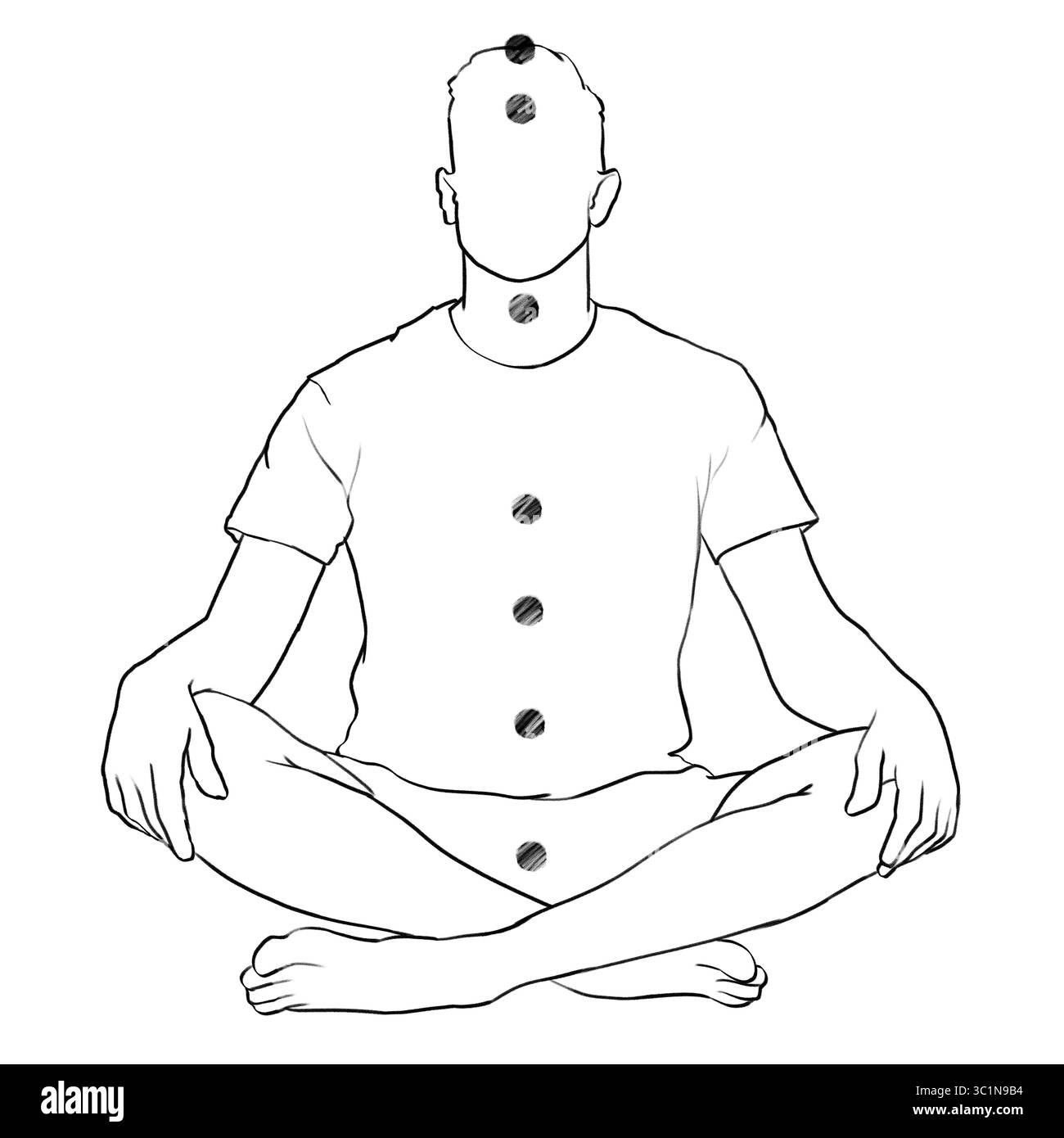 Localisation des chakras dans le corps. Silhouette de l'homme en position Lotus sur fond blanc, illustration Banque D'Images