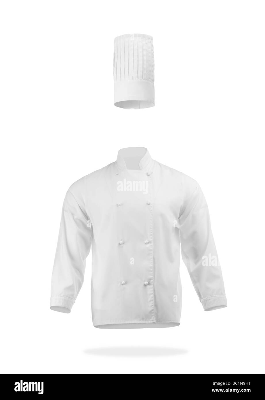 Uniforme du chef dans l'air sur fond blanc. Toque et veste Banque D'Images