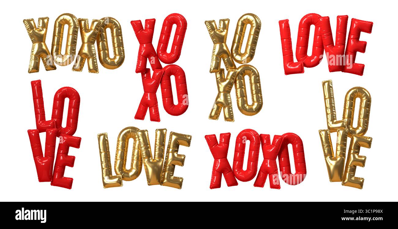 Ballons lettres rouge brillant et or formant les mots Love, xoxo Banque D'Images