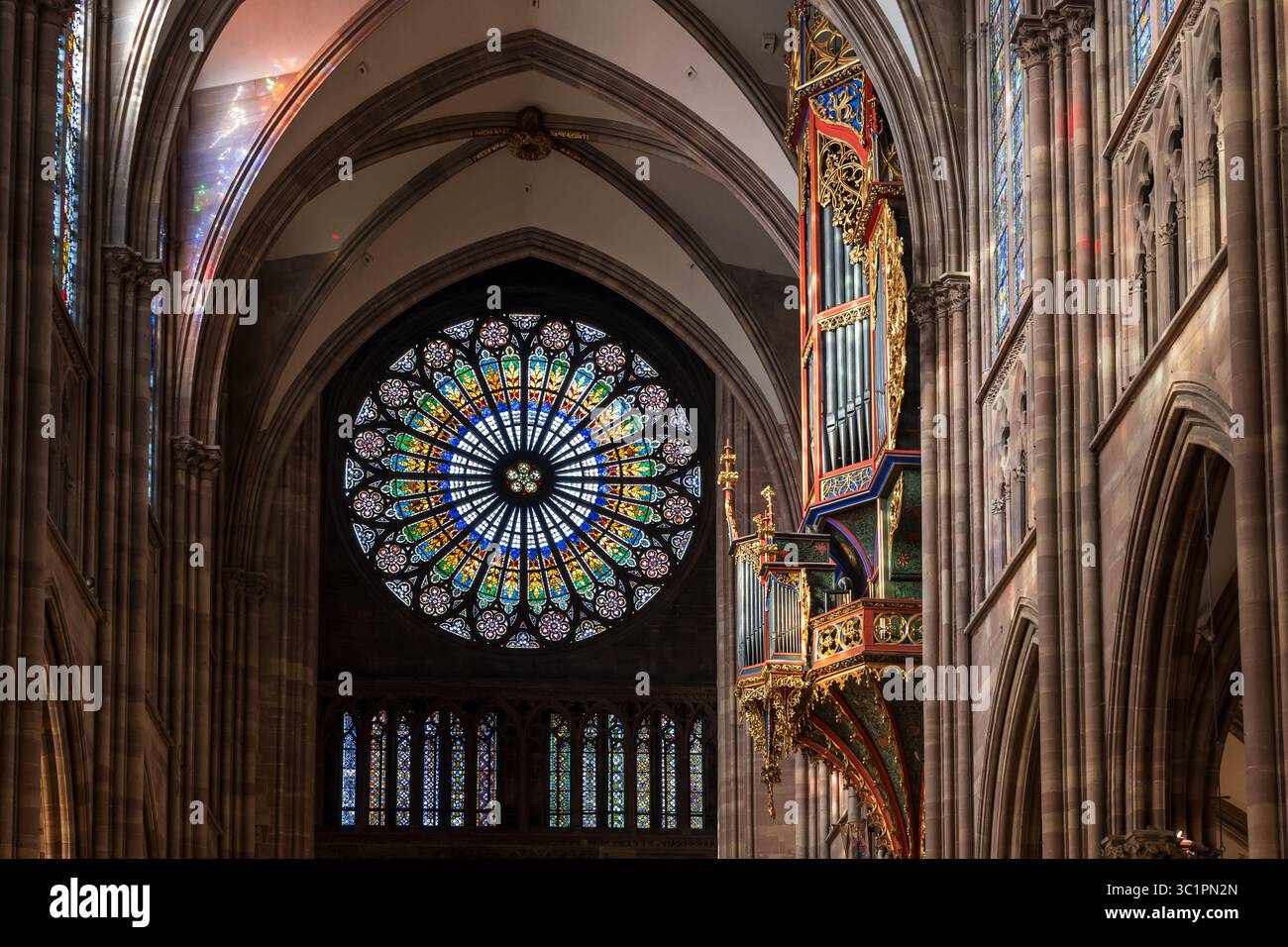 Rosace et Grand orgue à Strasbourg Cathédrale de notre-Dame à Strasbourg, Alsace, France. Banque D'Images