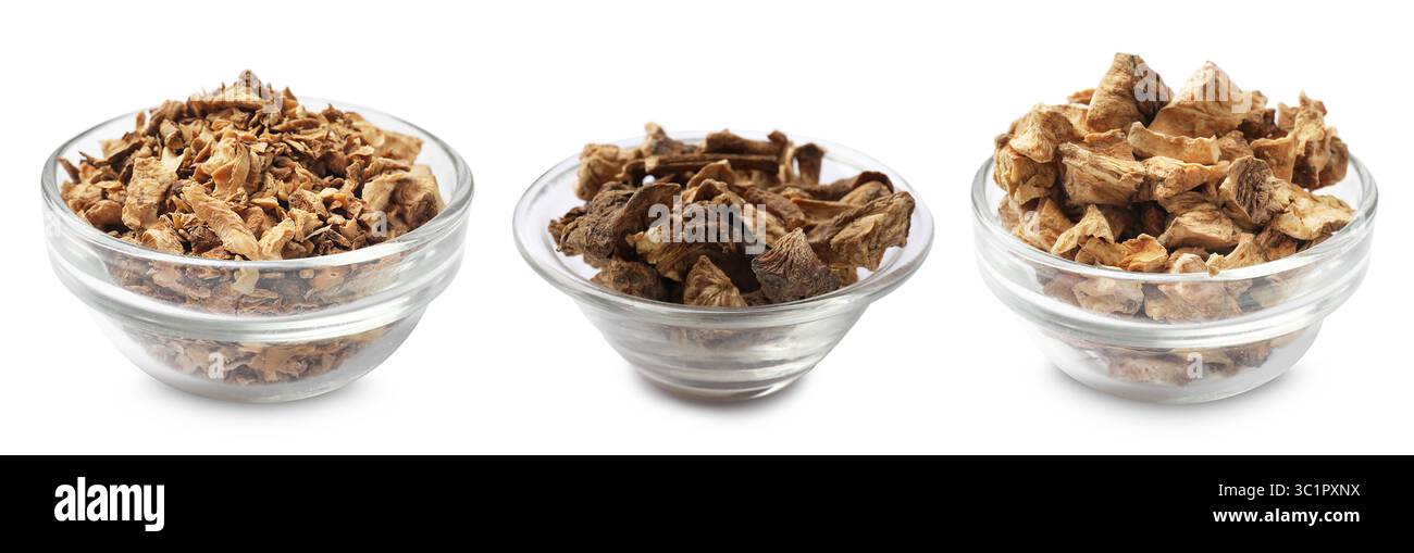 Morceaux de racine de chicorée sèche dans des bols isolés sur blanc, ensemble Banque D'Images
